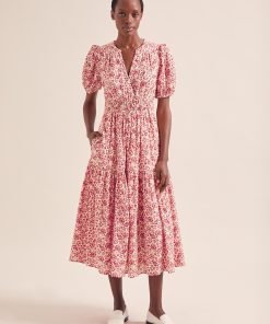 Olive Cotton Blend Midi Dress - Red Mono Floral Print