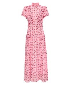 Mirabel Gold Metallic Fil Coupé Maxi Dress - Pink Floral Trellis Print