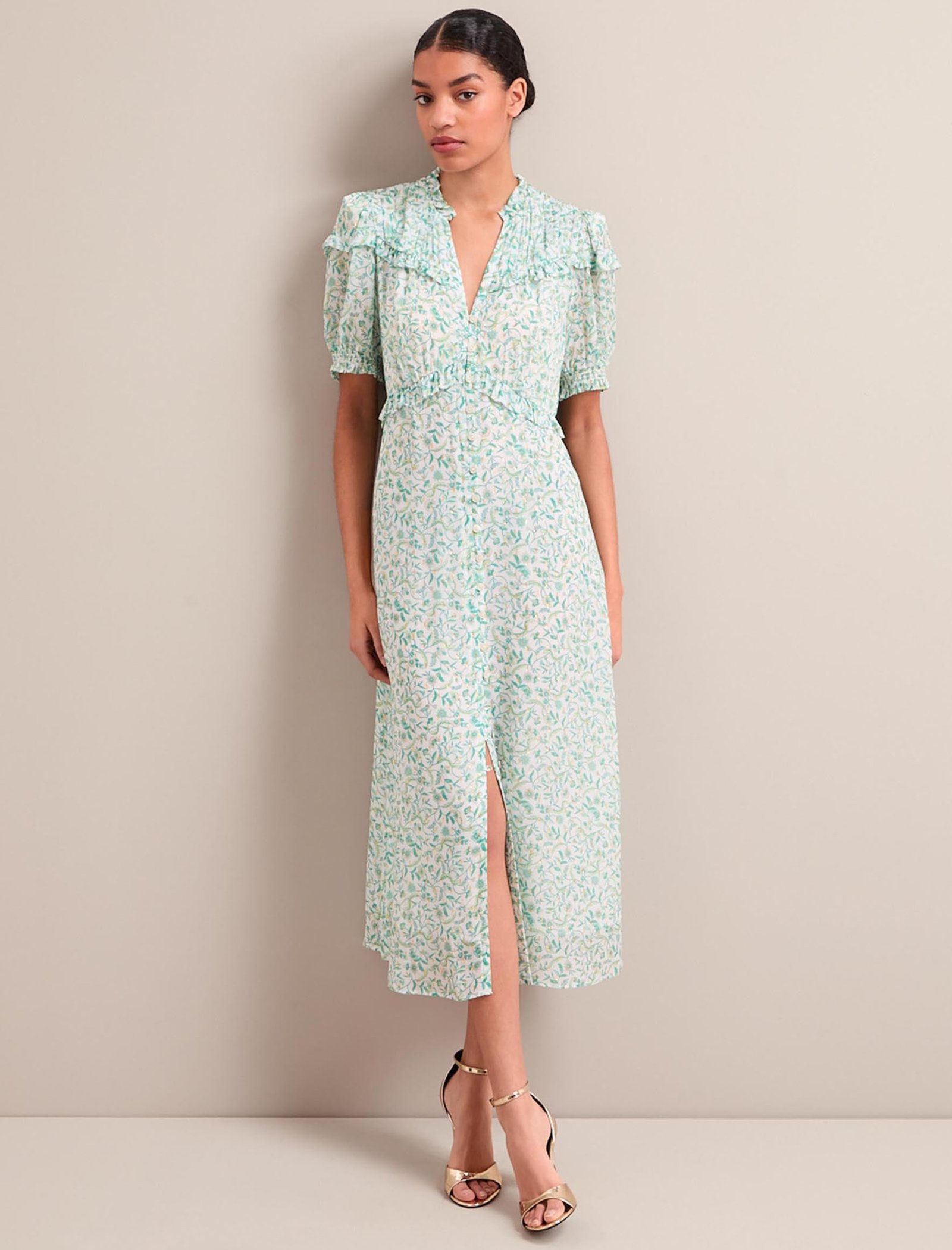 Viola Gold Metallic Fil Coupé Midi Dress - Green Yellow Trailing Feather Print