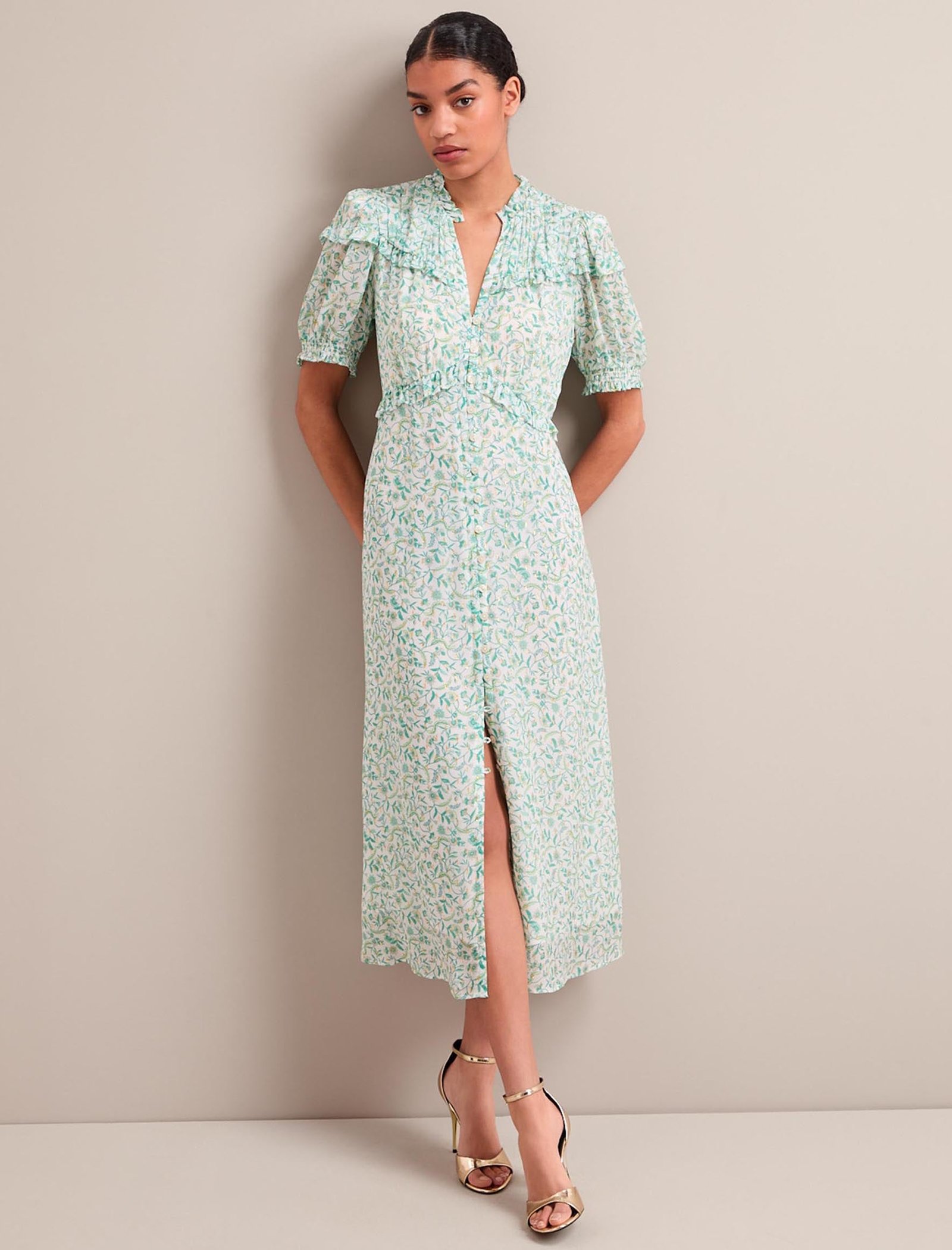 Viola Gold Metallic Fil Coupé Midi Dress - Green Yellow Trailing Feather Print - Image 8