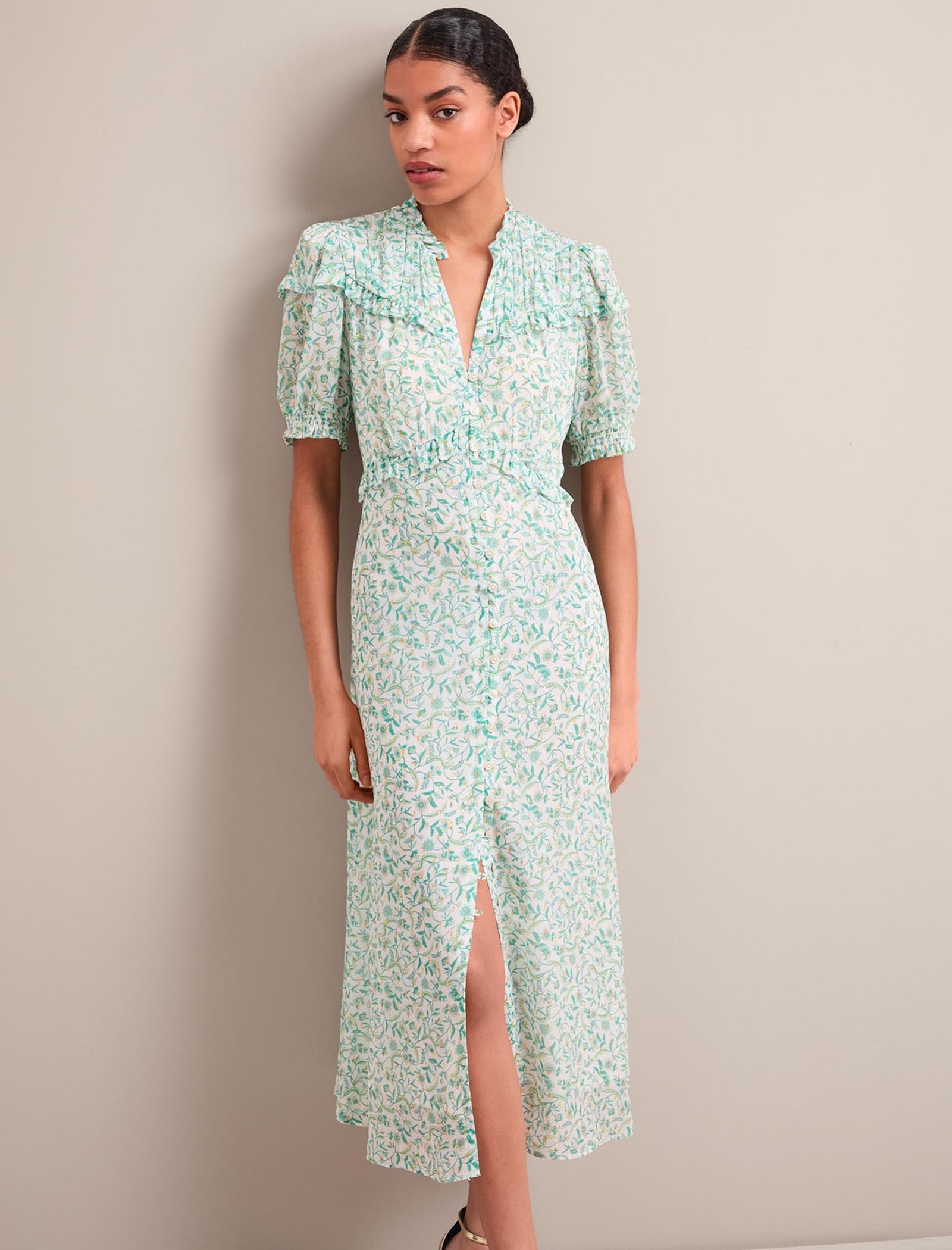 Viola Gold Metallic Fil Coupé Midi Dress - Green Yellow Trailing Feather Print - Image 9