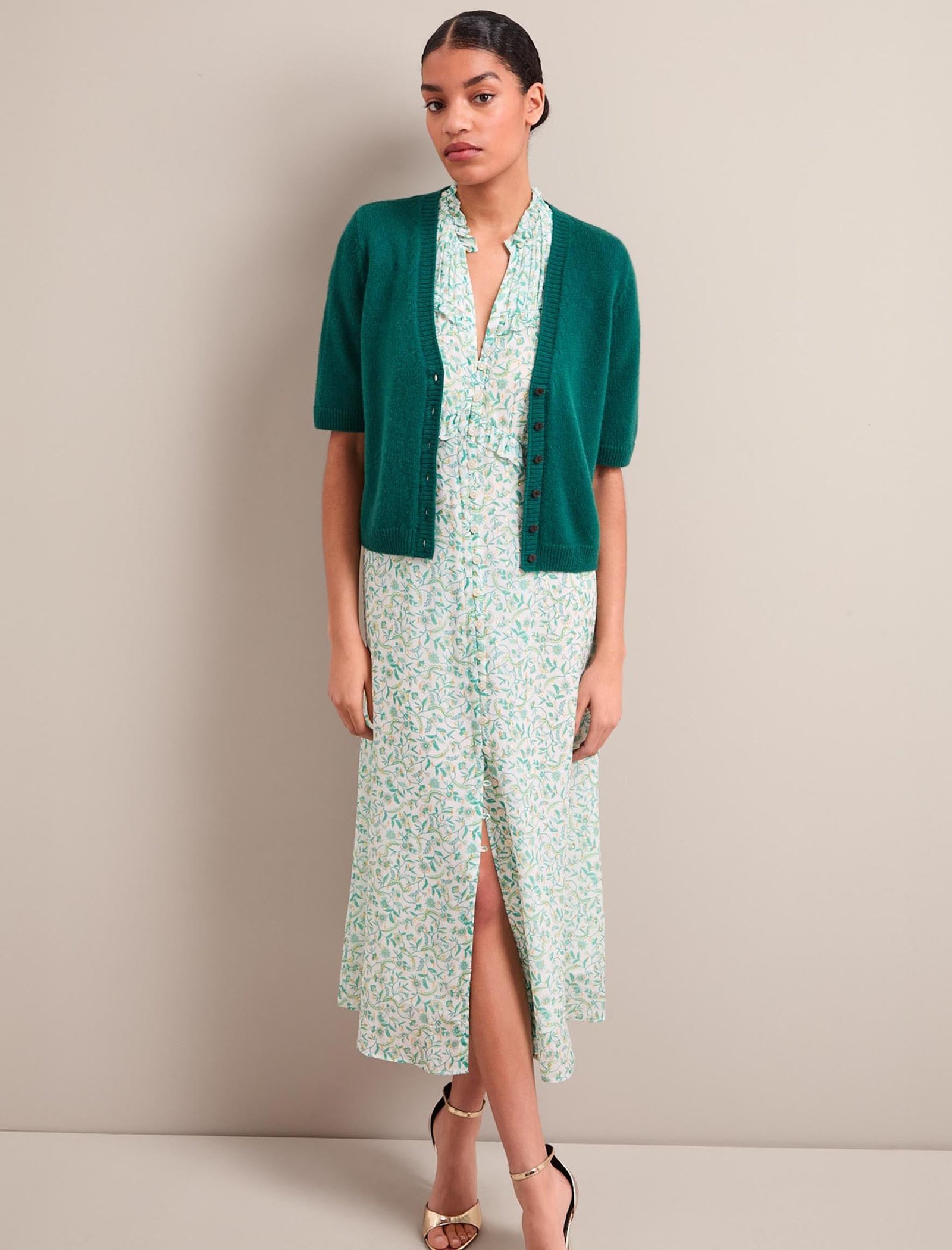 Viola Gold Metallic Fil Coupé Midi Dress - Green Yellow Trailing Feather Print - Image 3