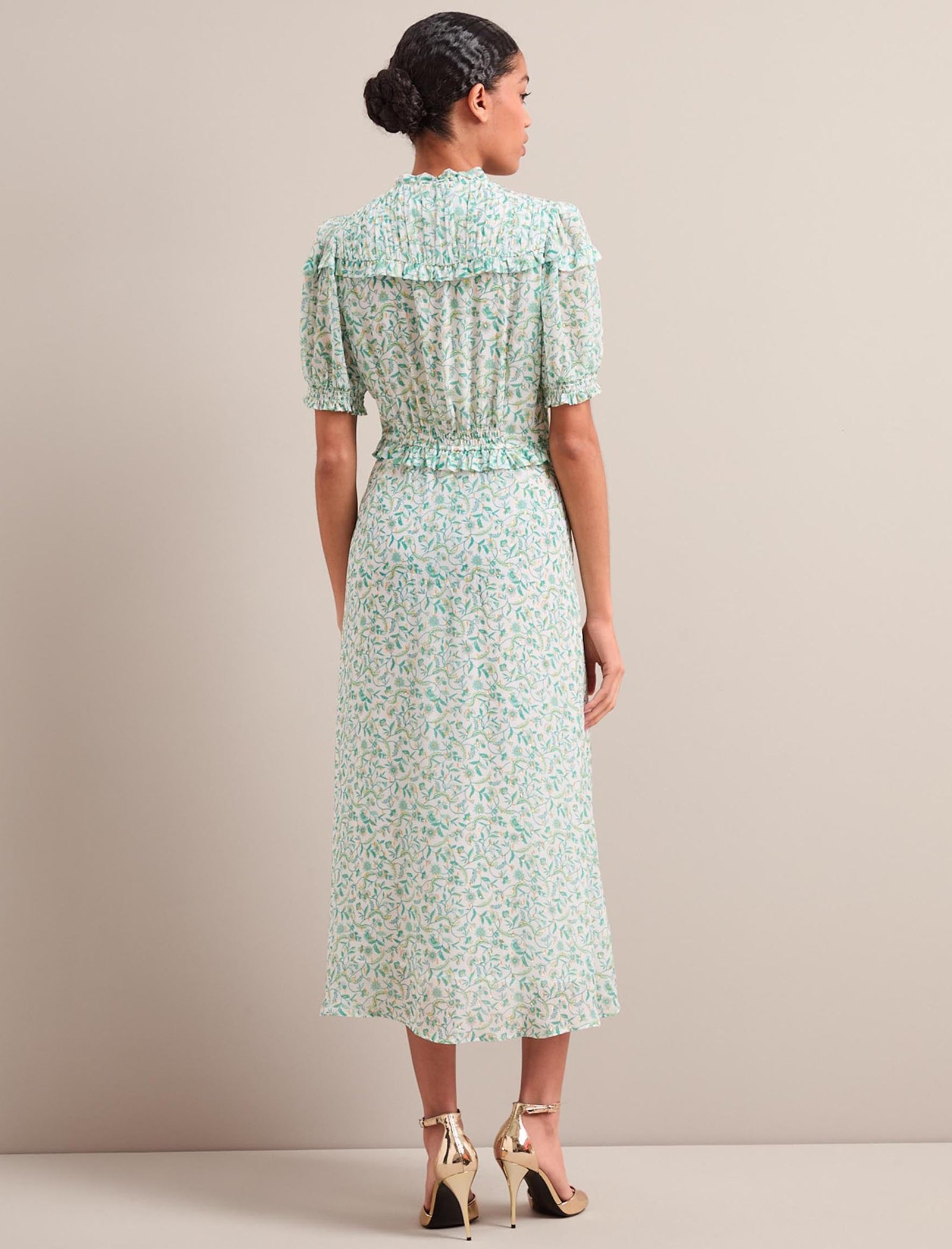 Viola Gold Metallic Fil Coupé Midi Dress - Green Yellow Trailing Feather Print - Image 12