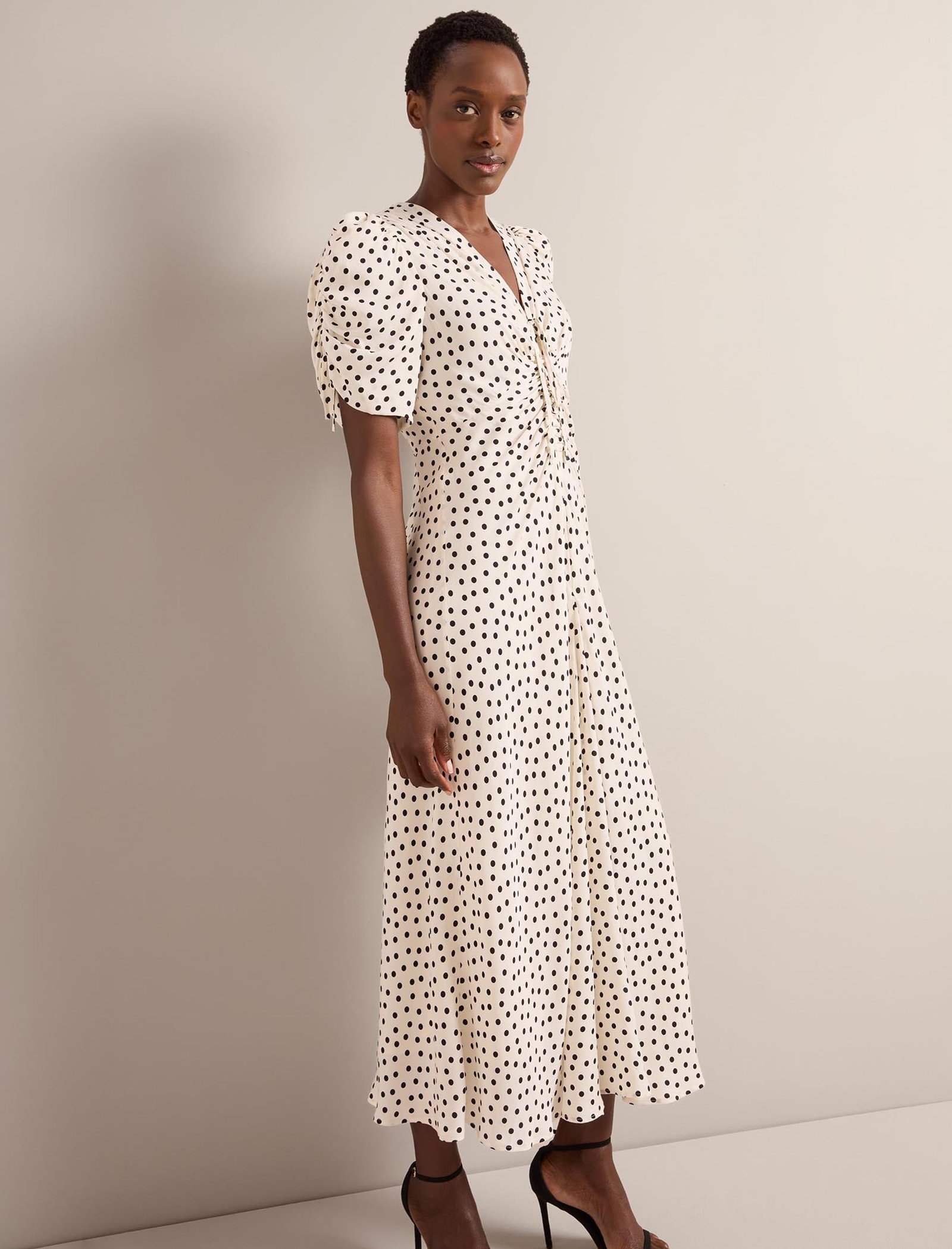 Ophelia Bias Cut Maxi Dress - Ecru Black Polka Dot Print - Image 6