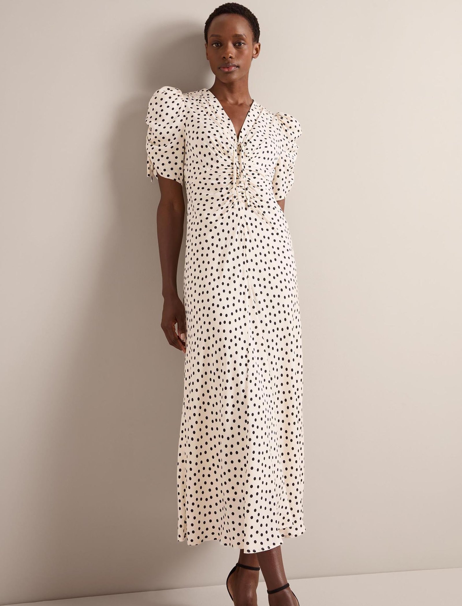 Ophelia Bias Cut Maxi Dress - Ecru Black Polka Dot Print - Image 5