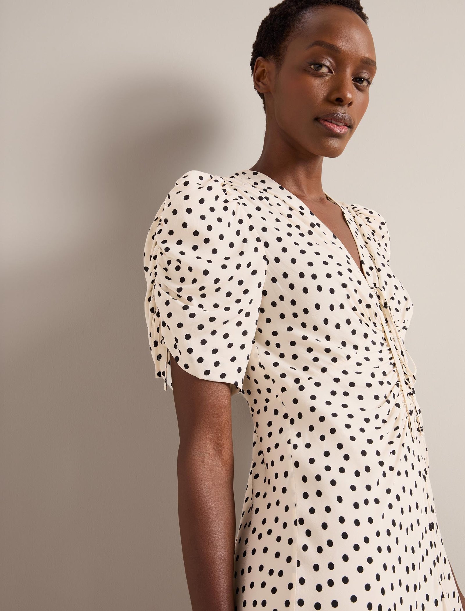 Ophelia Bias Cut Maxi Dress - Ecru Black Polka Dot Print - Image 2