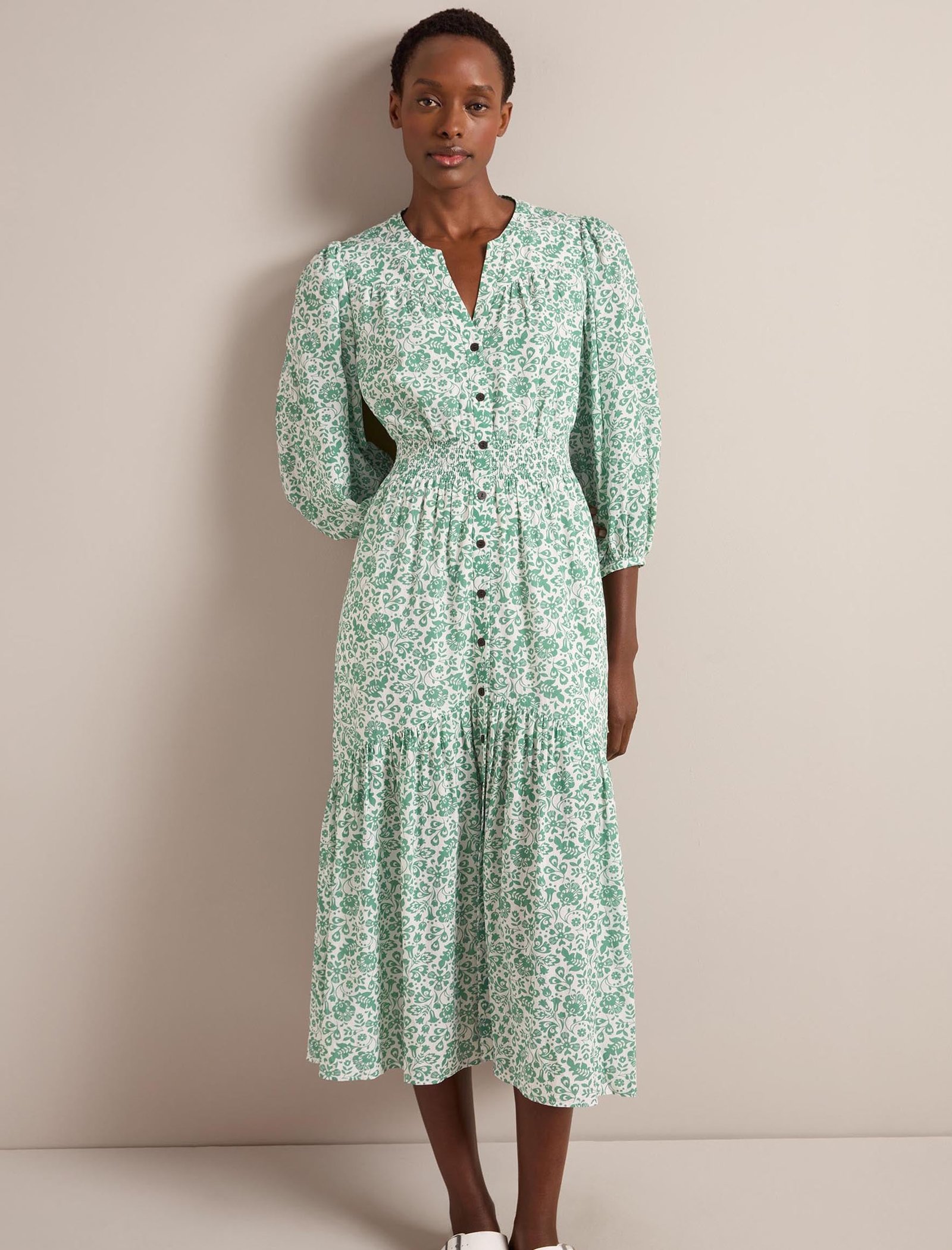 Aspen Cotton Blend Maxi Dress - Green Mono Floral Print